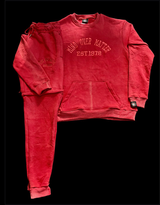 Embroidery Red Acid Wash Sweatsuit/Short Set